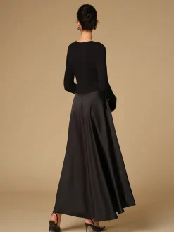 COMMENSE Satin Panel Jersey Long Dress* Black Dresses|Cocktail & Party Dresses