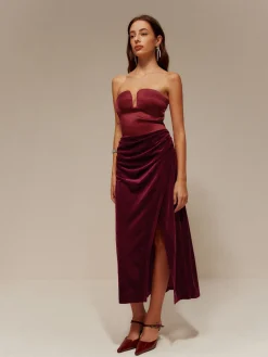 COMMENSE Satin Panel Velvet Pleated Tube Dress* Cocktail & Party Dresses|Long Dresses