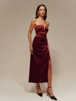 COMMENSE Satin Panel Velvet Pleated Tube Dress* Cocktail & Party Dresses|Long Dresses