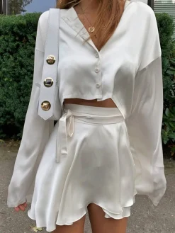COMMENSE Satin Raw Hem Tied Two Piece Skirt Set* Skirt Sets|Long Sleeve Sets