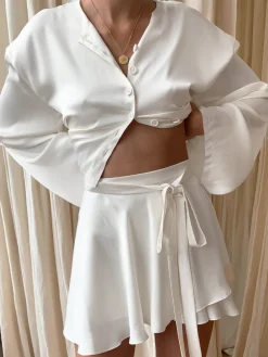 COMMENSE Satin Raw Hem Tied Two Piece Skirt Set* Skirt Sets|Long Sleeve Sets