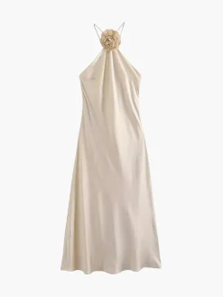 COMMENSE Satin Rosette Decor Halter Midi Dress* Cocktail & Party Dresses|Vacation Dresses