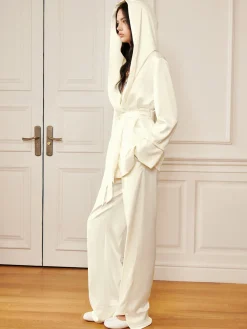 COMMENSE Satin Solid Hood Belted Shirt* Long Sleeve Sets|Blouses & Shirts