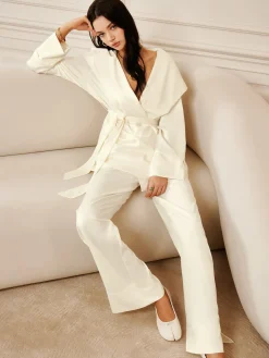 COMMENSE Satin Solid Hood Belted Shirt* Long Sleeve Sets|Blouses & Shirts