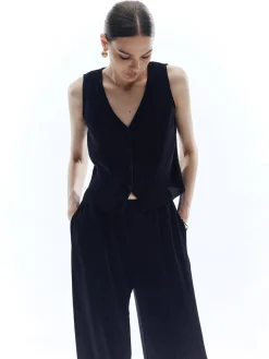 COMMENSE Satin Solid V-Neck Pants Set* Pants Sets|Matching Sets