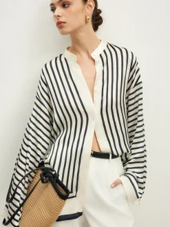 COMMENSE Satin Striped Button Cozy Shirt* Blouses & Shirts|Tops