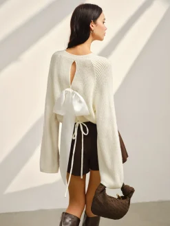 COMMENSE Satin-Bow Bell Sleeve Short Sweater* Knitwear|Tops