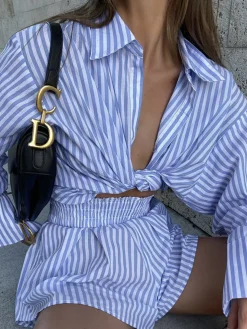 COMMENSE Sea Soul Stripe Two Piece Shorts Set* Shorts Sets|Long Sleeve Sets
