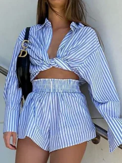 COMMENSE Sea Soul Stripe Two Piece Shorts Set* Shorts Sets|Long Sleeve Sets