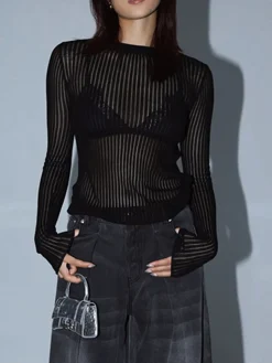 COMMENSE See Through Ribbed Mesh Top* Sweater Tops|Sweaters & Cardigans