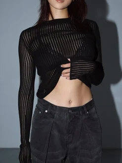 COMMENSE See Through Ribbed Mesh Top* Sweater Tops|Sweaters & Cardigans