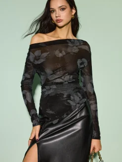 COMMENSE Semi-Sheer Asymmetrical Printed T-Shirt* Tops