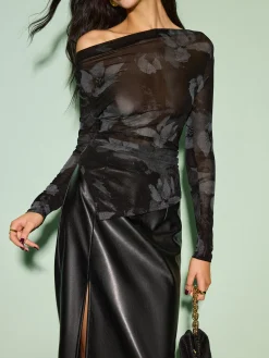 COMMENSE Semi-Sheer Asymmetrical Printed T-Shirt* Tops