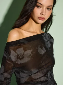 COMMENSE Semi-Sheer Asymmetrical Printed T-Shirt* Tops