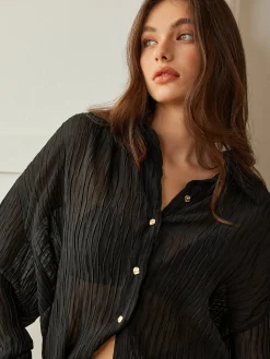 COMMENSE Semi-Sheer Button Polo Shirt* Blouses & Shirts|Tops