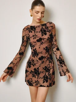 COMMENSE Semi-Sheer Flocking Floral Short Dress* Dresses