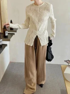 COMMENSE Semi-sheer Jacquard Lace Long Sleeve Split Top* T-shirts|Tops