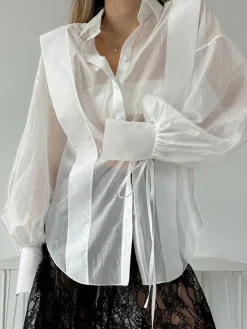 COMMENSE Semi-Sheer Pleated Polo Shirt* Tops