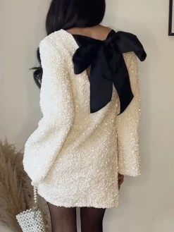 COMMENSE Sequins Velvet Bowknot Mini Dress* White Dresses|Cocktail & Party Dresses