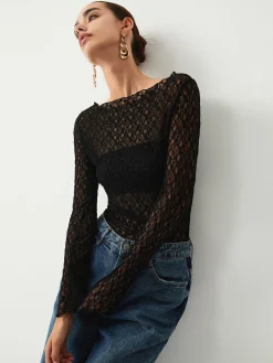 COMMENSE Sheer Floral Long Sleeve Top* T-shirts|Tops