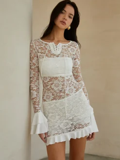 COMMENSE Sheer Long Sleeve Lace Short Dress* White Dresses|Casual Dresses
