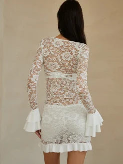 COMMENSE Sheer Long Sleeve Lace Short Dress* White Dresses|Casual Dresses