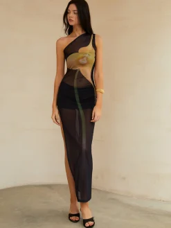 COMMENSE Sheer One Shoulder Split Midi Dress* Black Dresses|Casual Dresses