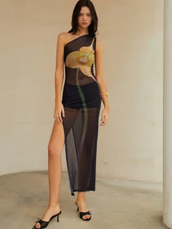 COMMENSE Sheer One Shoulder Split Midi Dress* Black Dresses|Casual Dresses