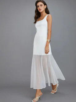 COMMENSE Sheer Overlay Long Dress* White Dresses|Casual Dresses