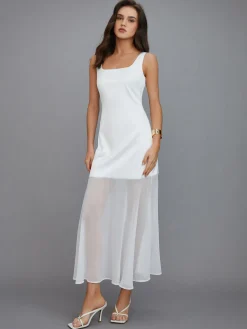 COMMENSE Sheer Overlay Long Dress* White Dresses|Casual Dresses