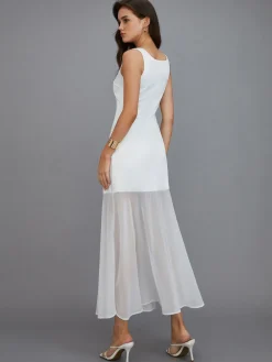 COMMENSE Sheer Overlay Long Dress* White Dresses|Casual Dresses