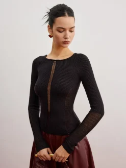 COMMENSE Sheer Panel Ribbed Slim Sweater* Sweater Tops|Sweaters & Cardigans