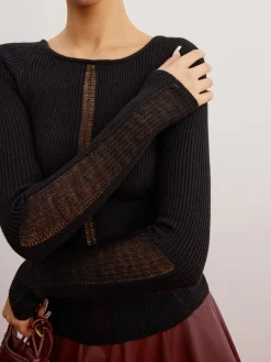 COMMENSE Sheer Panel Ribbed Slim Sweater* Sweater Tops|Sweaters & Cardigans