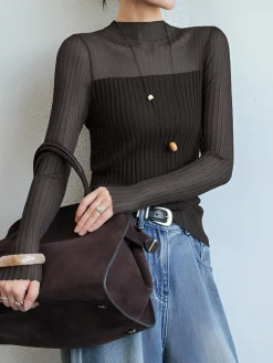 COMMENSE Sheer Panel Slim Sweater* Sweater Tops|Sweaters & Cardigans