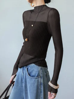 COMMENSE Sheer Panel Slim Sweater* Sweater Tops|Sweaters & Cardigans