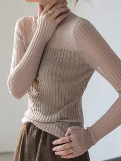 COMMENSE Sheer Panel Slim Sweater* Sweater Tops|Sweaters & Cardigans