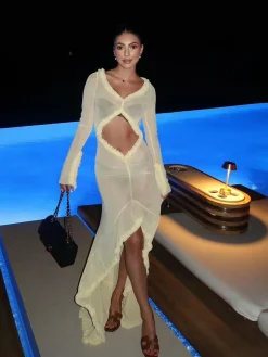 COMMENSE Sheer Ruffle Trim Ruched Cutout Long Dress* Casual Dresses|Cocktail & Party Dresses