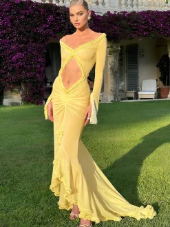 COMMENSE Sheer Ruffle Trim Ruched Cutout Long Dress* Casual Dresses|Cocktail & Party Dresses
