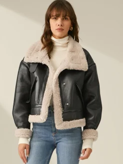 COMMENSE Sherpa Lined Shearling Leather Flight Jacket* Outerwear|Jackets