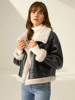 COMMENSE Sherpa Lined Shearling Leather Flight Jacket* Outerwear|Jackets