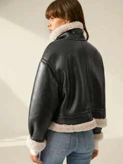COMMENSE Sherpa Lined Shearling Leather Flight Jacket* Outerwear|Jackets