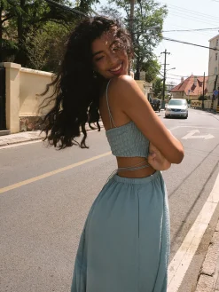 COMMENSE Shirred Cut Out Midi Dress* Casual Dresses|Vacation Dresses
