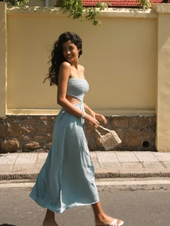 COMMENSE Shirred Cut Out Midi Dress* Casual Dresses|Vacation Dresses