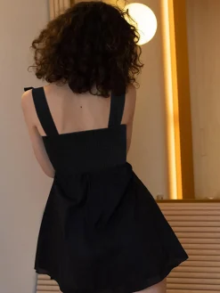 COMMENSE Shirred Knotted Cami Short Dress* Black Dresses|Casual Dresses