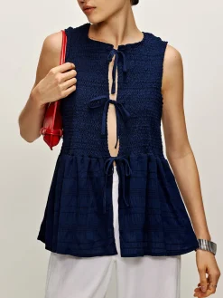 COMMENSE Shirred Lace Up Ruffle Tank Blouse* Blouses & Shirts|Tank Tops & Camis