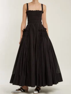 COMMENSE Shirred Pleated Cami Long Dress* Black Dresses|Casual Dresses