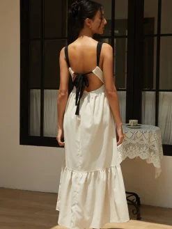 COMMENSE Shirred Tie Detail Cami Long Dress* White Dresses|Casual Dresses