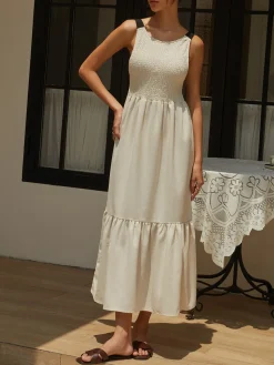 COMMENSE Shirred Tie Detail Cami Long Dress* White Dresses|Casual Dresses