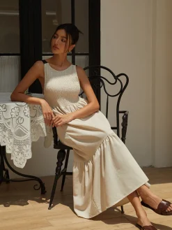 COMMENSE Shirred Tie Detail Cami Long Dress* White Dresses|Casual Dresses