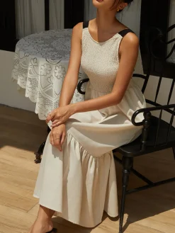 COMMENSE Shirred Tie Detail Cami Long Dress* White Dresses|Casual Dresses